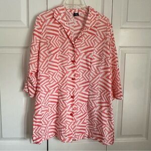 Connie Roberson Shirt Womens L Linen Button Up Geometric Lagenlook Made in USA